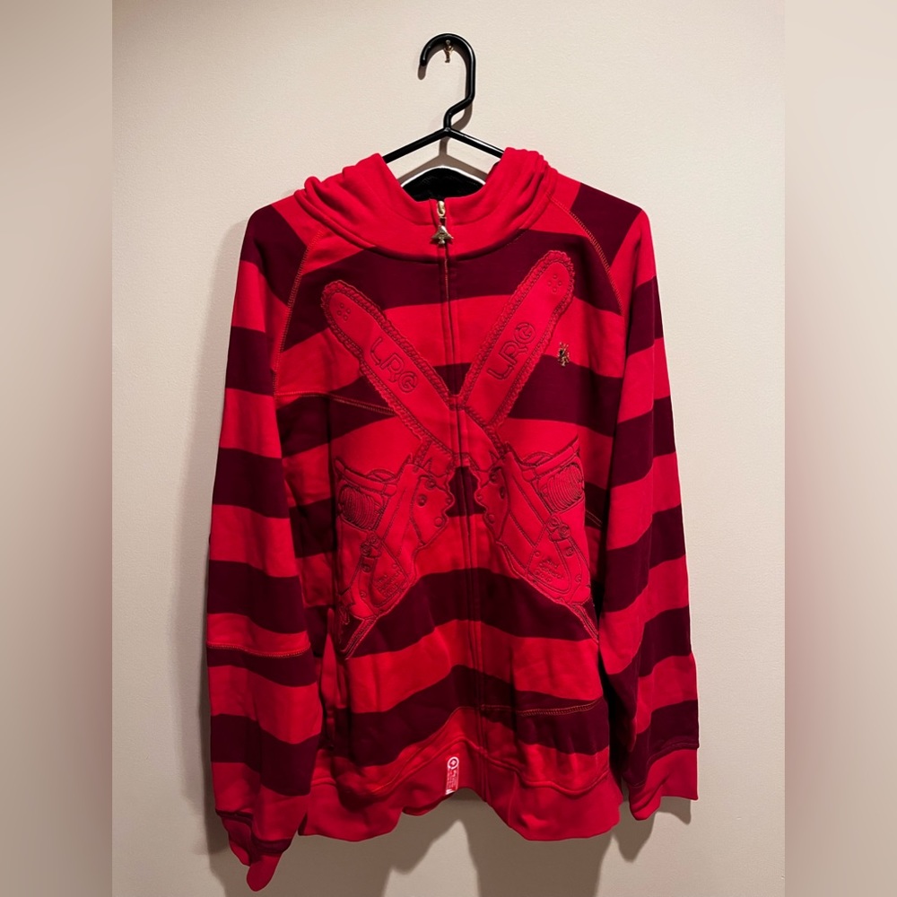 red zip up with full hood and hockey mask